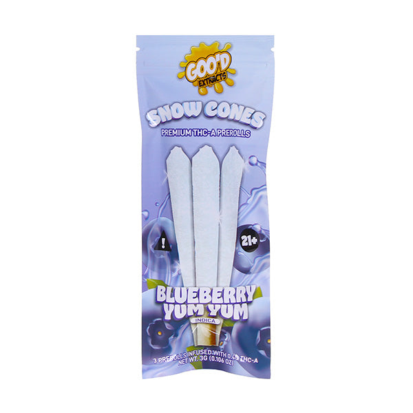 Goo’d EXTRACTS THC-A Prerolls Snow Cones.  3-pack pouch. Blueberry Yum Yum Indica.  5-Piece Box.