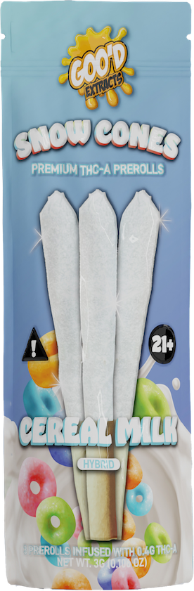 Good EXTRACTS THC-A Prerolls Snow Cones. 3-pack pouch. Cereal Milk. 5-Piece Box.