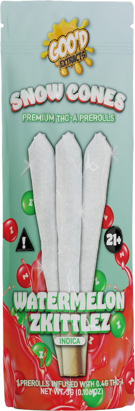 Good EXTRACTS THC-A Prerolls Snow Cones. 3-pack pouch. Watermelon Zkittlez. 5-Piece Box.