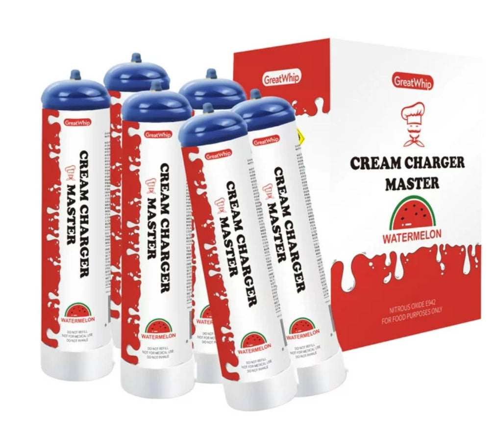 GREATWHIP CREAM CHARGER MASTER. WATERMELON. 615G NITROUS OXIDE E942 FOR FOOD PURPOSES ONLY. 6PCS/BOX