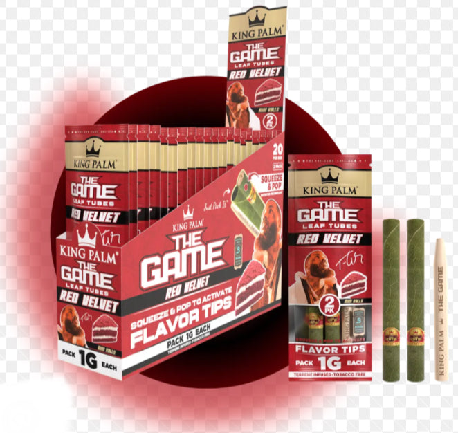 KING PALM THE GAME RED VELVET LEAF TUBES MINI ROLLS PACK 1G EACH 2 TUBES PER PACK 20 PIECE BOX