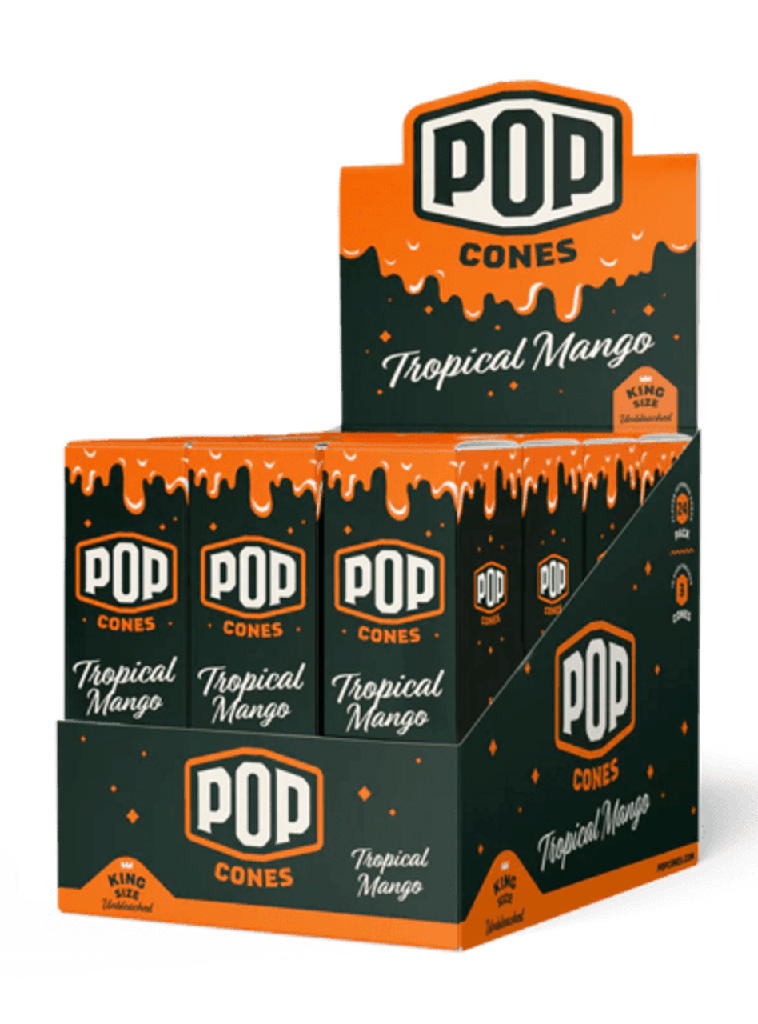 Pop Cones - King Size Terpene Cones - Tropical Mango. 3-Cone Pack. 24-Piece Box