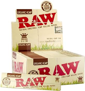 RAW Organic Hemp Kingsize Slim. 32 Leaves Per Pack. 50-Piece Box