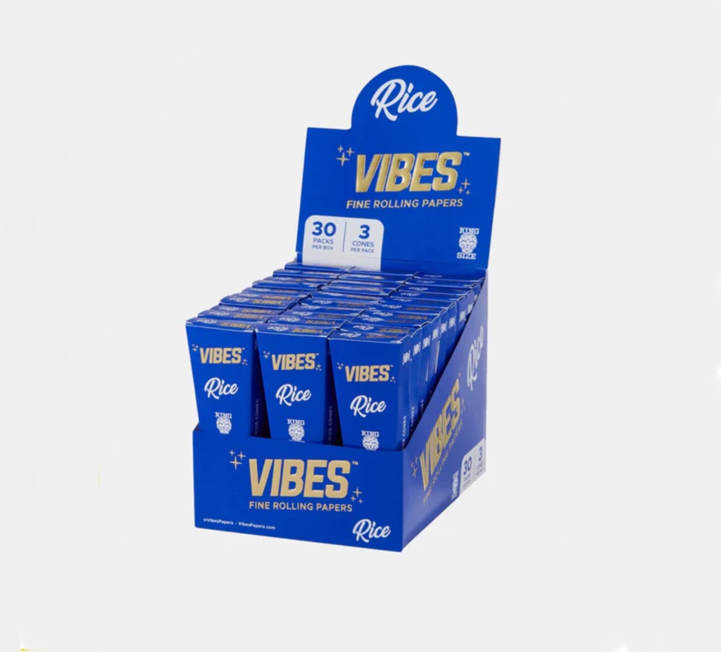 Vibes Rice fine rolling papers Cones King Size - 30 Packs Per Box, 3 Cones Per Pack