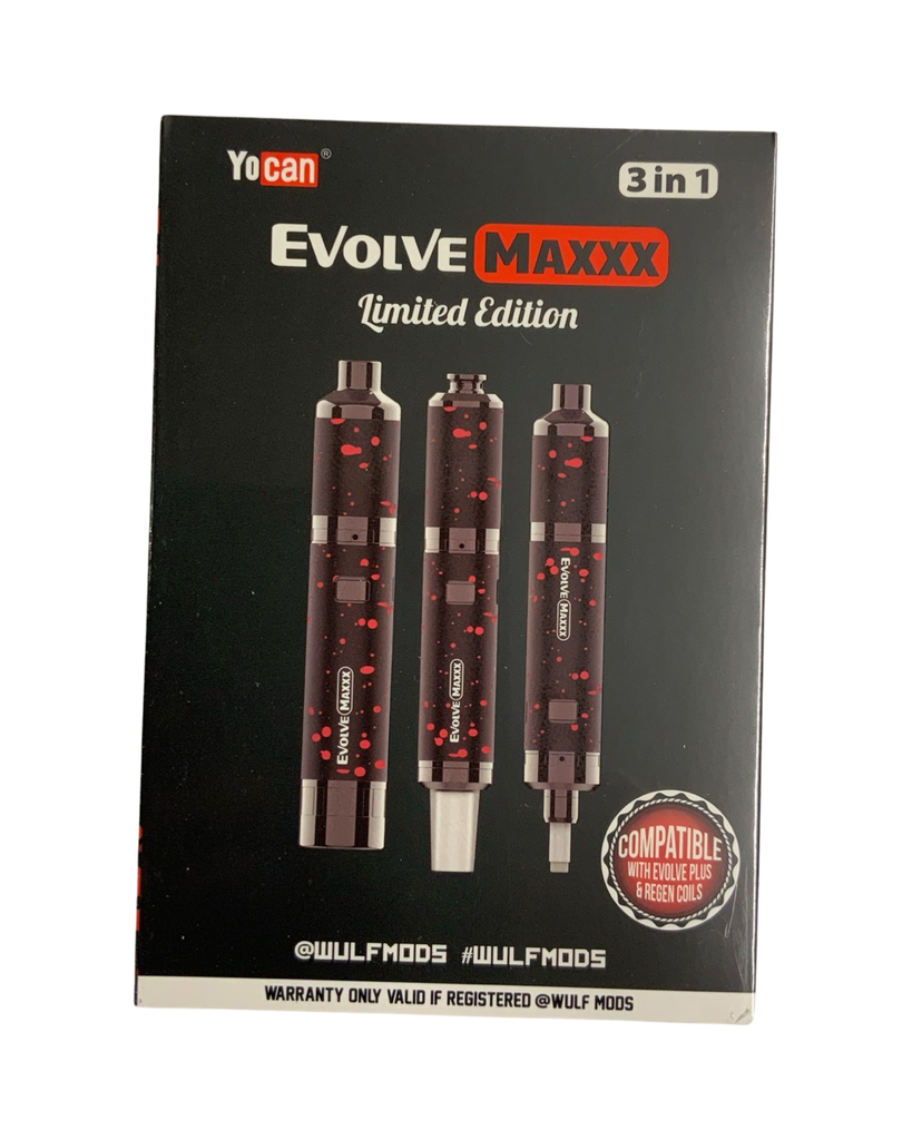 WULF MODS YOCAN EVOLVE MAXXX 3 in 1 VAPORIZER. Compatible with Evolve Plus & Regen Coils. Black-Red Spatter