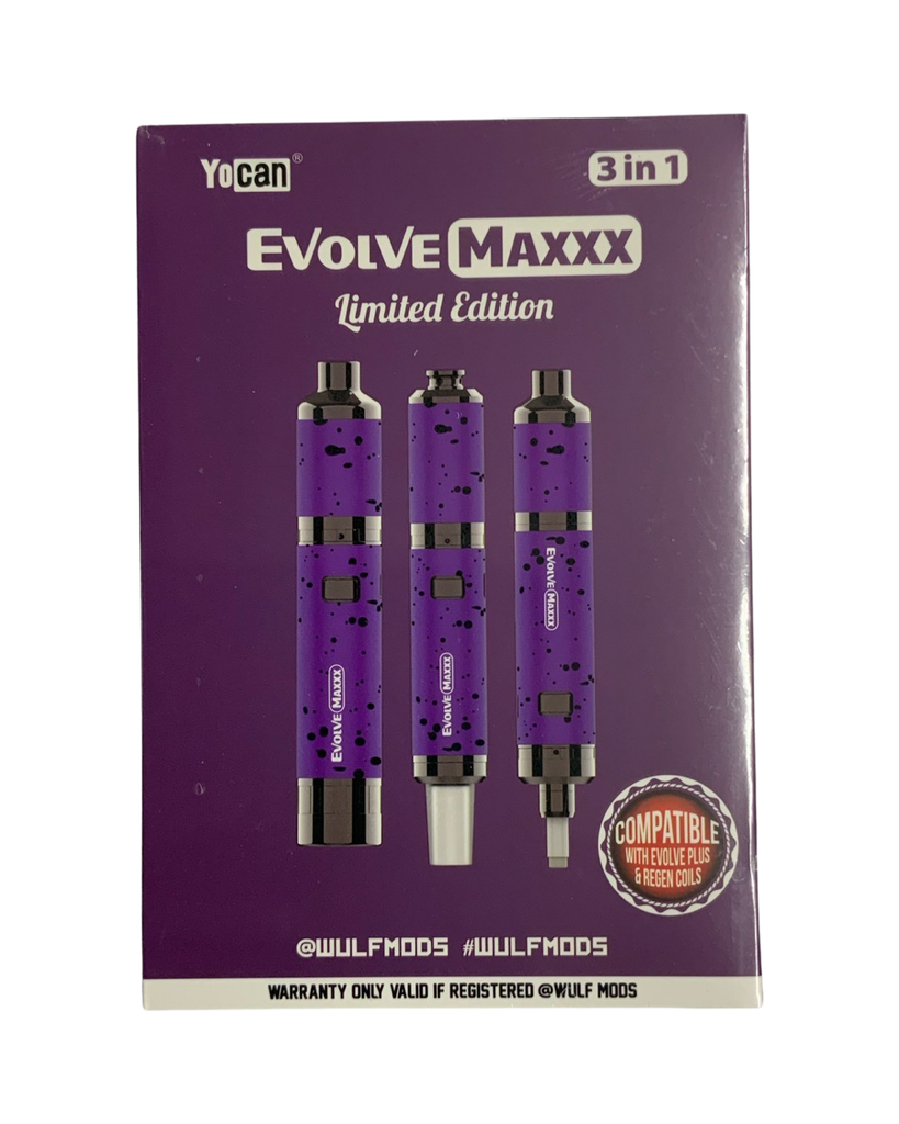 WULF MODS YOCAN EVOLVE MAXXX 3 in 1 VAPORIZER. Compatible with Evolve Plus & Regen Coils. Purple-Black Spatter